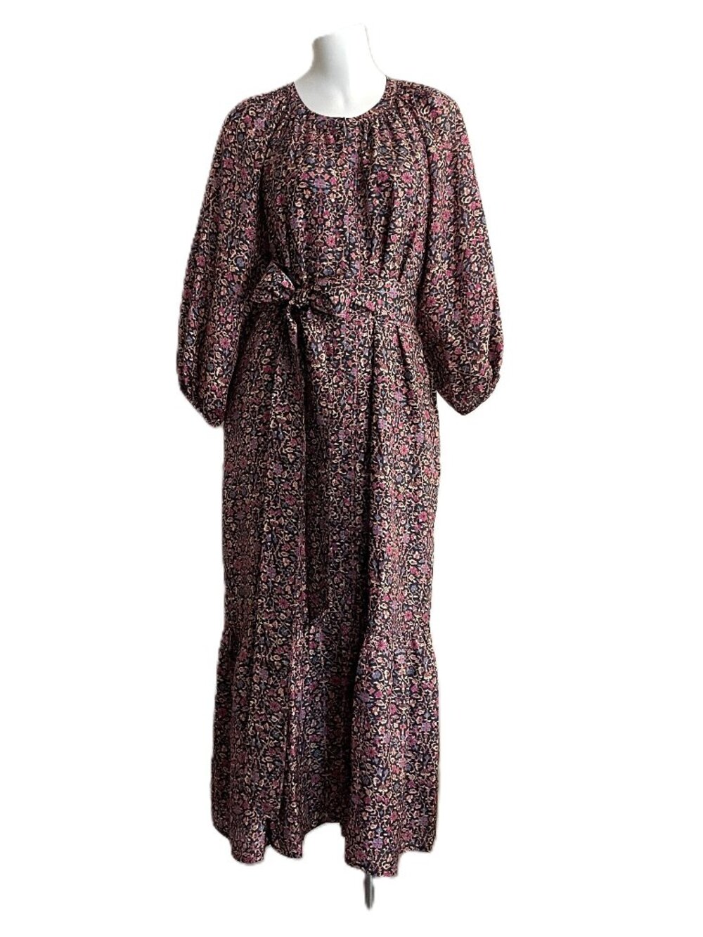 Tuckernuck Lyles Dress Sz Med Maxi 100% Silk Raspberry Vine Floral Belt Puff Slv